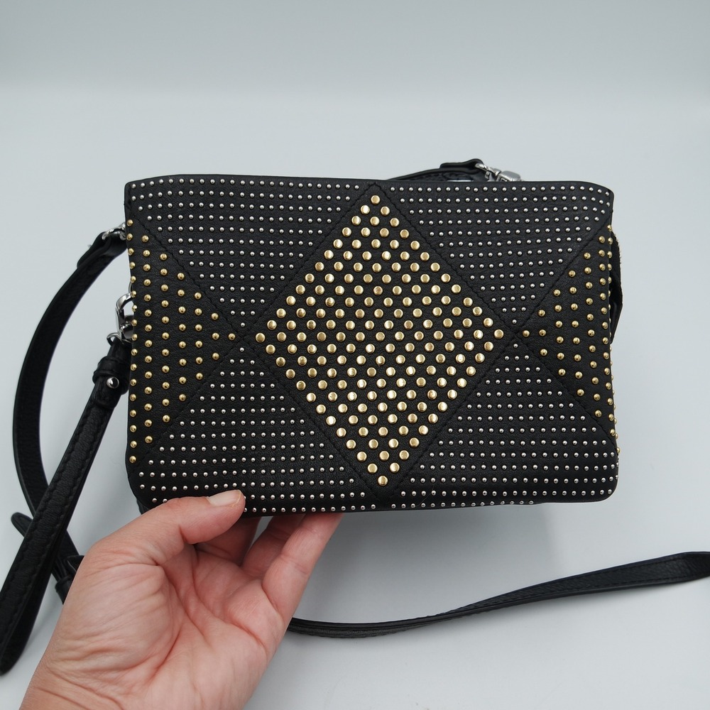 Vince Camuto Black Leather Studded Diamond Triple Zip Crossbody Bag Clutch
